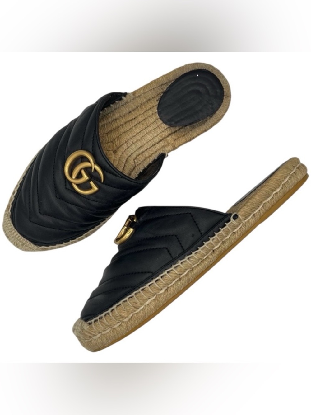 Gucci GG Marmont Black Matelassé Leather Espadrille Mules EU 37 US 7
